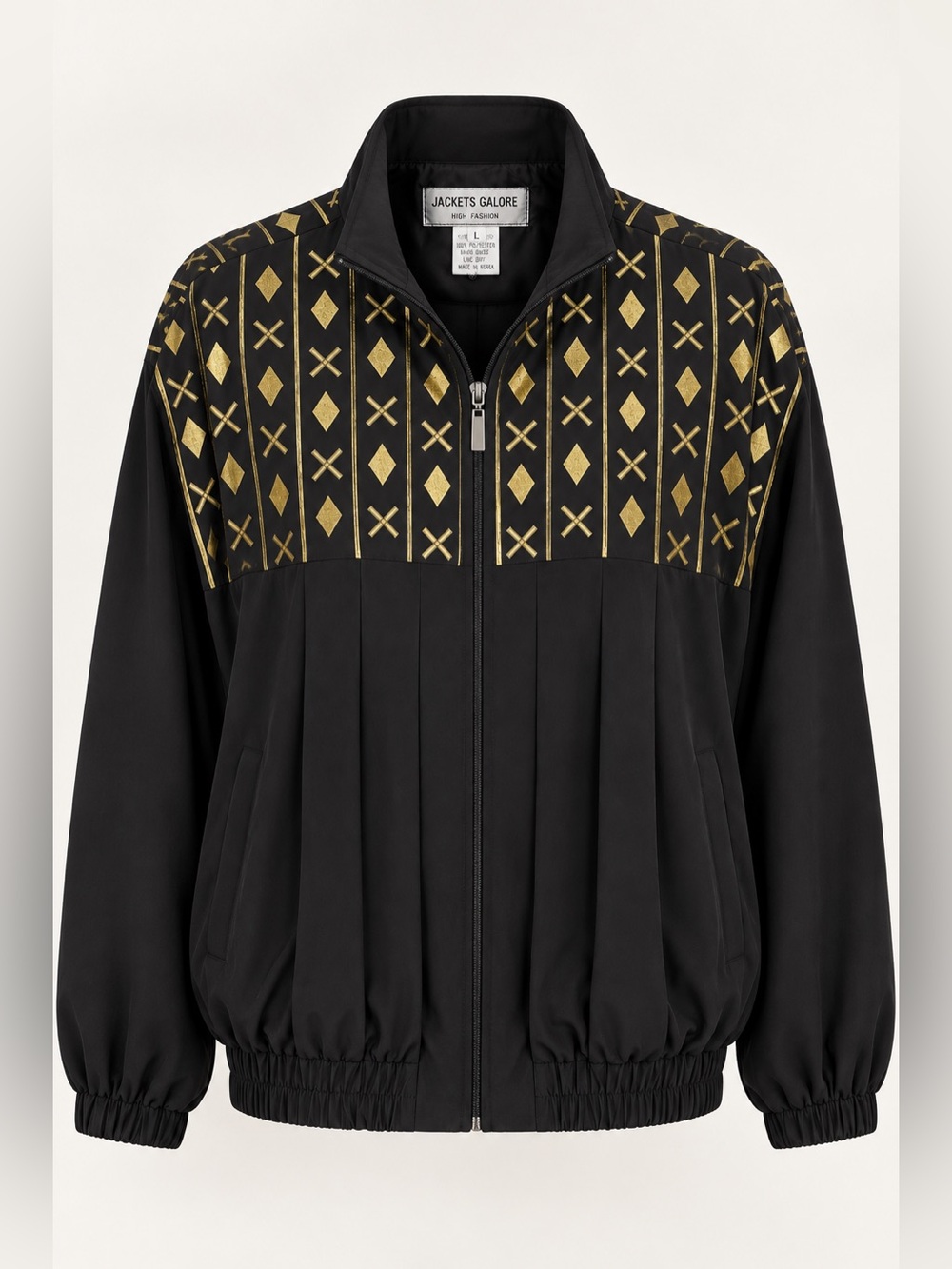 Vintage Jackets Galore Black Gold Geometric Bomber Jacket Large 80s 90s
